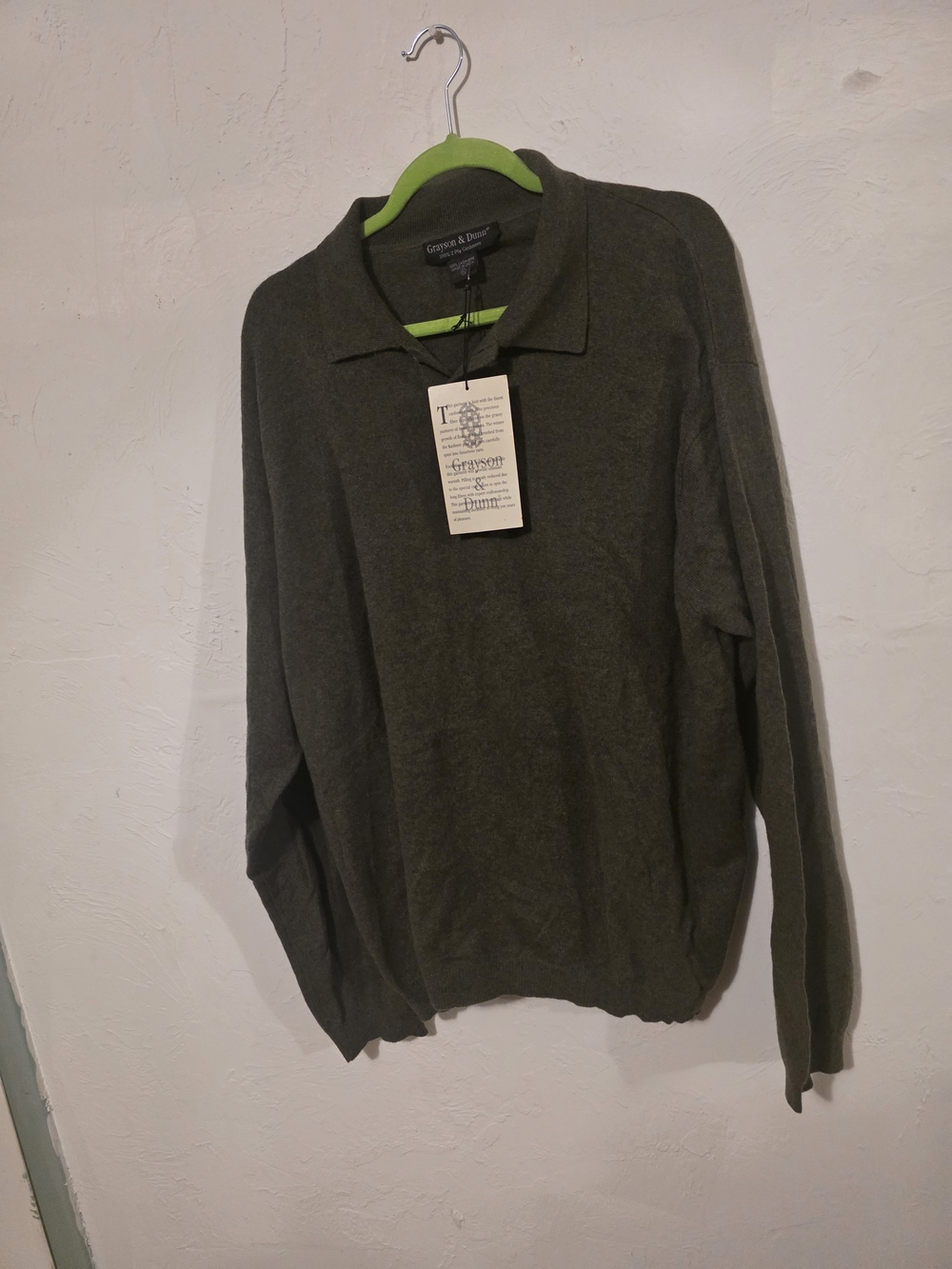 Men's Olive Green Collared Sweater 100% 2 Ply Cashmere - Picture 4 of 4